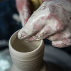 Richard Heeley at work in his pottery in Shropshire Feb 2018